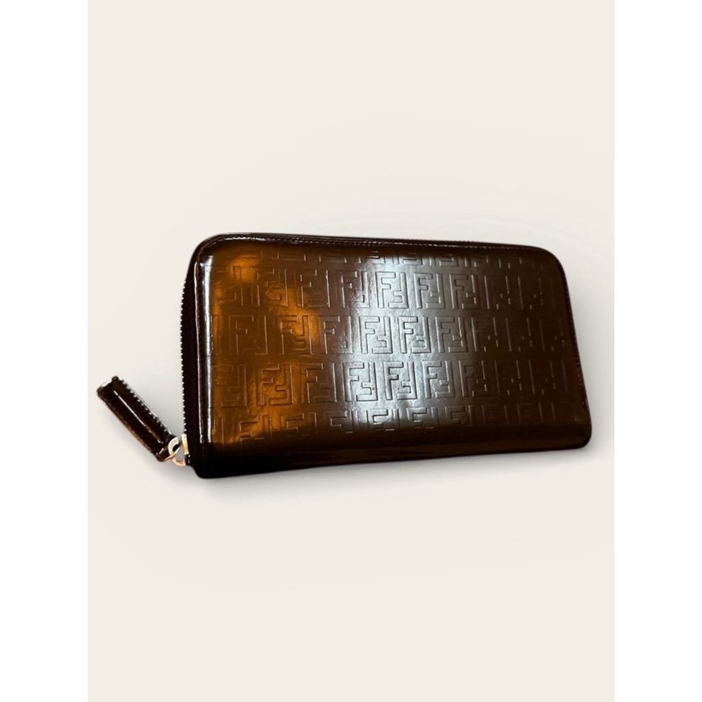 Fendi Black Patent Leather FF Logo Zip Around Wallet